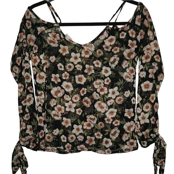 Floral Cold Shoulder Top Long Sleeve Sheer Blouse Tie Cuffs - Picture 8 of 8